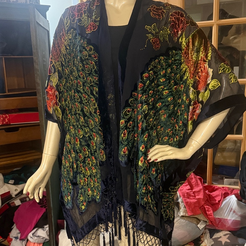 Stunning velvet burnout Peacock Floral Embroidered Kimono w fringe Art Deco